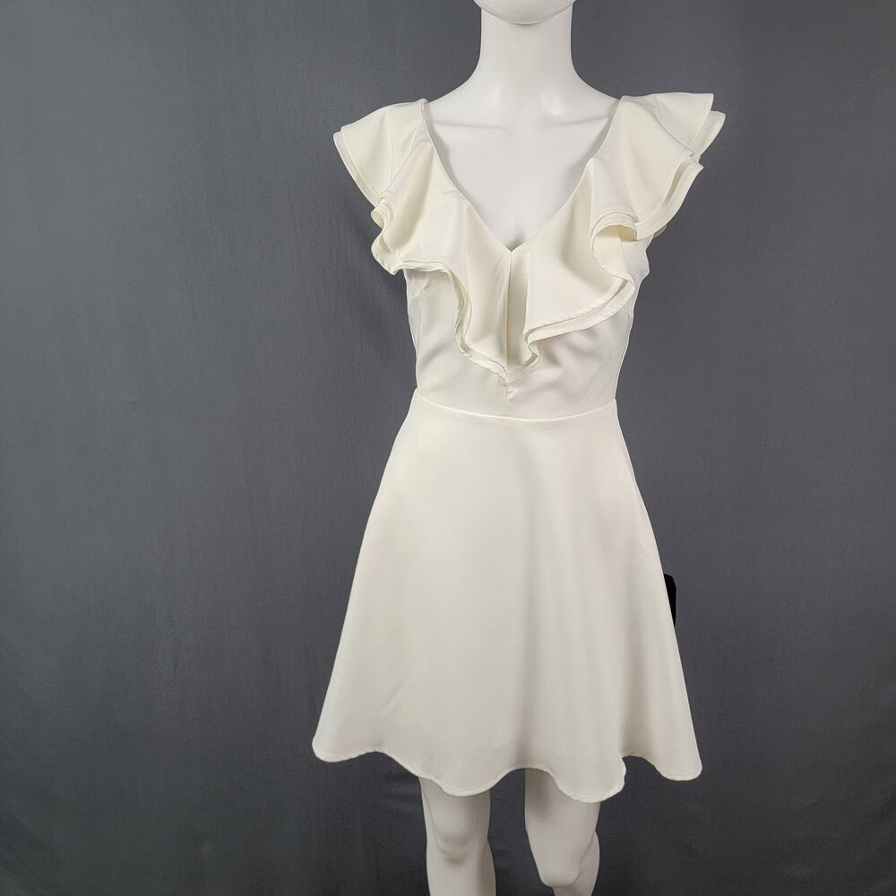Lulus Dress XS Ruffle V Neck Fit Flare Skater Bridal Cocktail White NWT